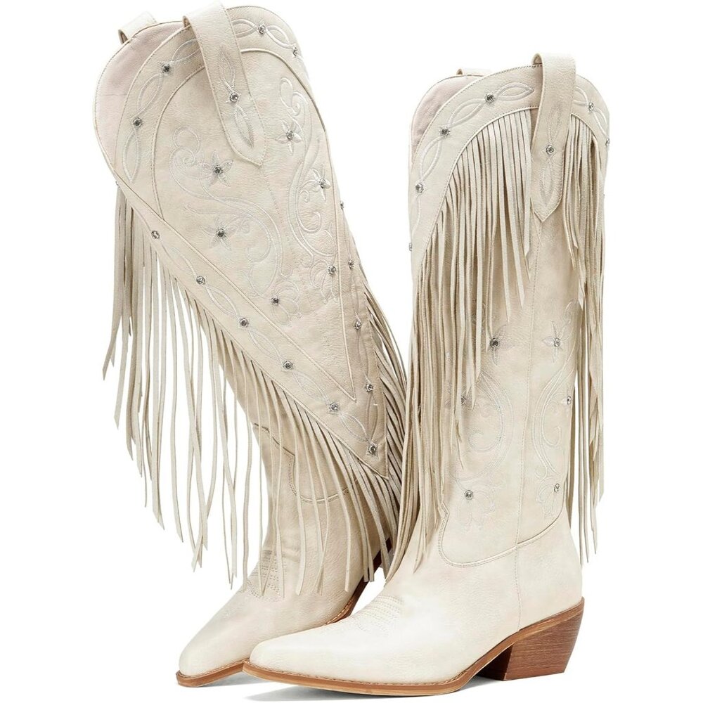 Women's White Knee High Western Embroidery Rhinestones Cowgirl Boot Wide Calf